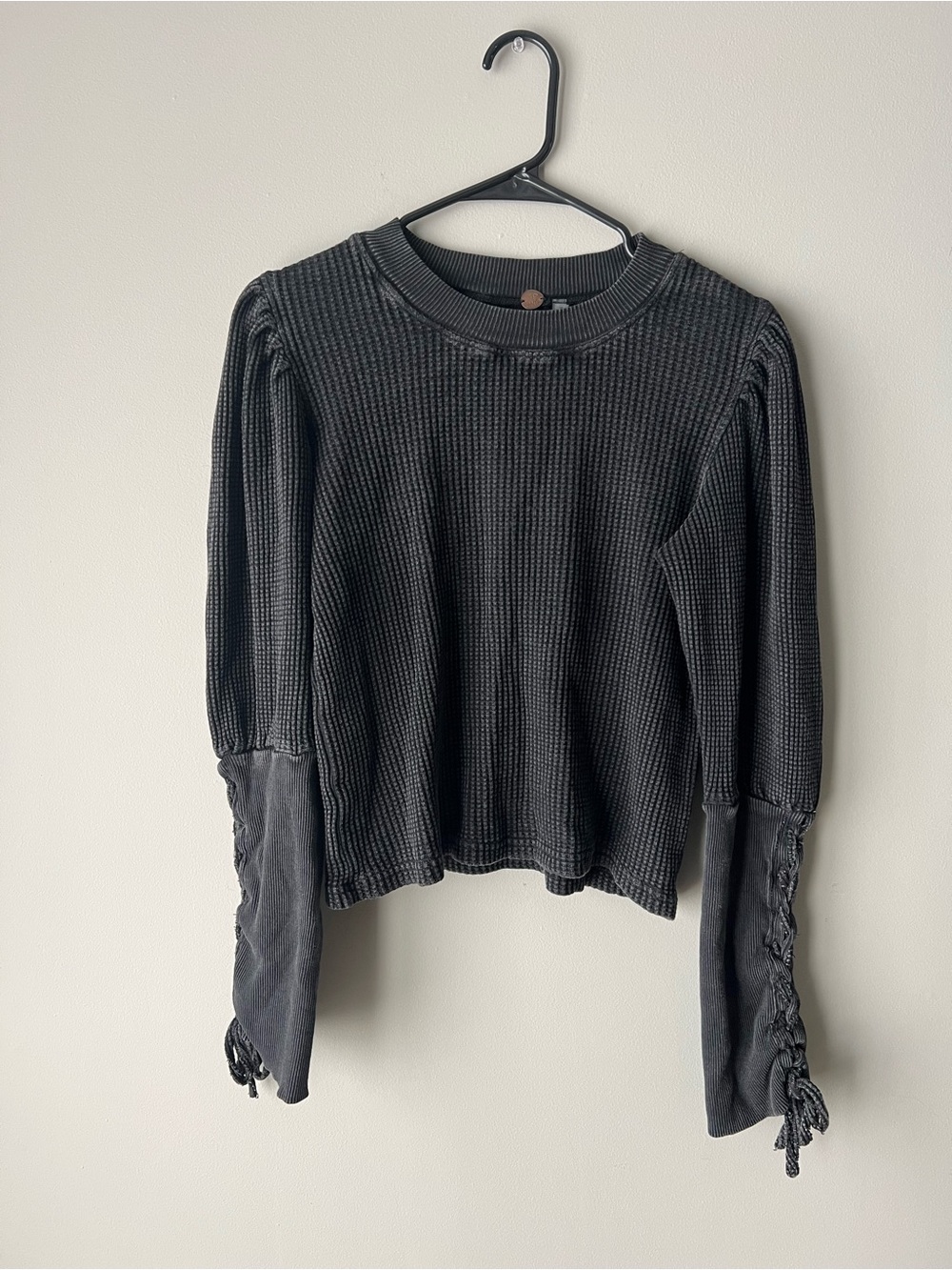 Free People Tasha Waffle Knit Pullover Sweatshirt with Lace-Up Sleeve Details